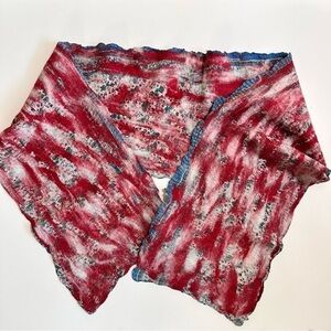Handcrafted wet felted scarf cottagecore print w/ red & white wool felted 12x72”